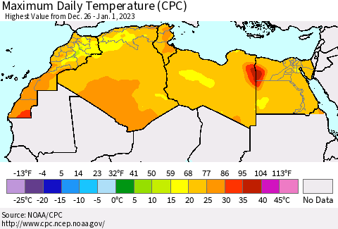 North Africa Maximum Daily Temperature (CPC) Thematic Map For 12/26/2022 - 1/1/2023