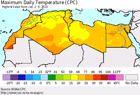 North Africa Maximum Daily Temperature (CPC) Thematic Map For 1/2/2023 - 1/8/2023