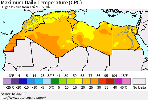 North Africa Maximum Daily Temperature (CPC) Thematic Map For 1/9/2023 - 1/15/2023