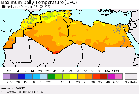 North Africa Maximum Daily Temperature (CPC) Thematic Map For 1/16/2023 - 1/22/2023