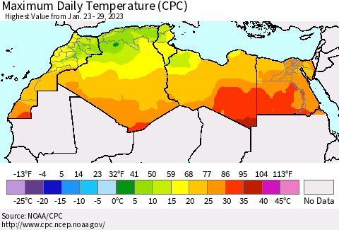 North Africa Maximum Daily Temperature (CPC) Thematic Map For 1/23/2023 - 1/29/2023