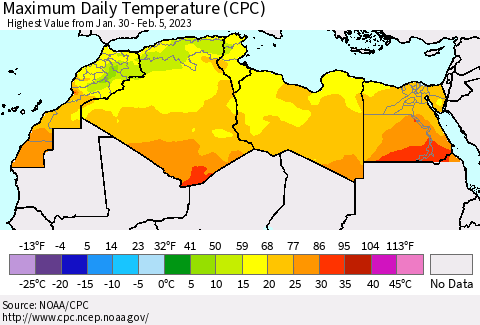 North Africa Maximum Daily Temperature (CPC) Thematic Map For 1/30/2023 - 2/5/2023