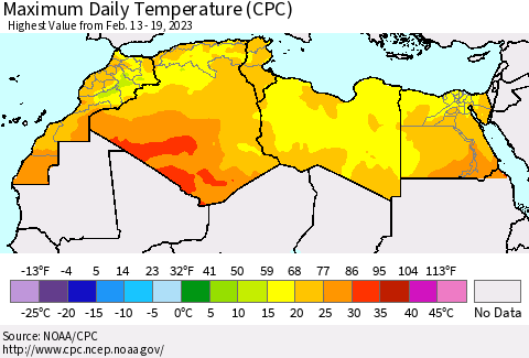 North Africa Maximum Daily Temperature (CPC) Thematic Map For 2/13/2023 - 2/19/2023
