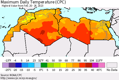 North Africa Maximum Daily Temperature (CPC) Thematic Map For 2/20/2023 - 2/26/2023