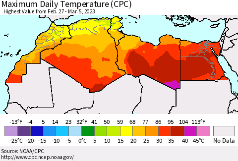 North Africa Maximum Daily Temperature (CPC) Thematic Map For 2/27/2023 - 3/5/2023