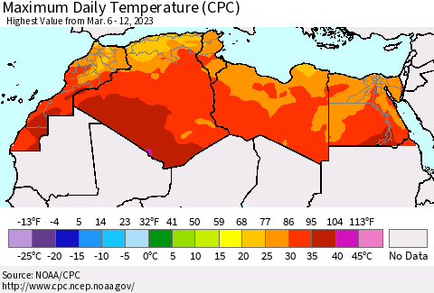 North Africa Maximum Daily Temperature (CPC) Thematic Map For 3/6/2023 - 3/12/2023