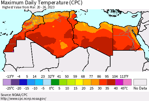 North Africa Maximum Daily Temperature (CPC) Thematic Map For 3/20/2023 - 3/26/2023