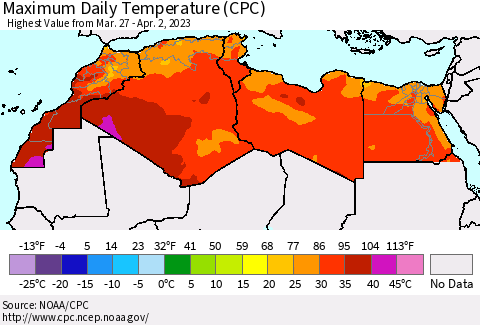 North Africa Maximum Daily Temperature (CPC) Thematic Map For 3/27/2023 - 4/2/2023