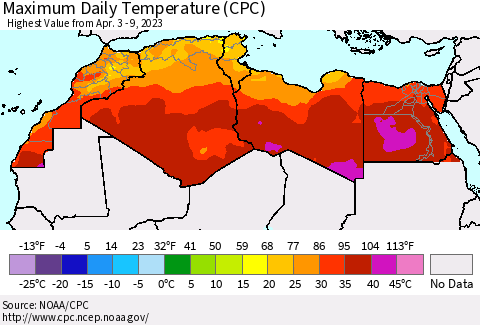 North Africa Maximum Daily Temperature (CPC) Thematic Map For 4/3/2023 - 4/9/2023