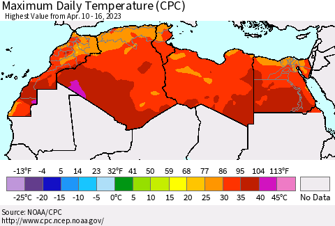 North Africa Maximum Daily Temperature (CPC) Thematic Map For 4/10/2023 - 4/16/2023