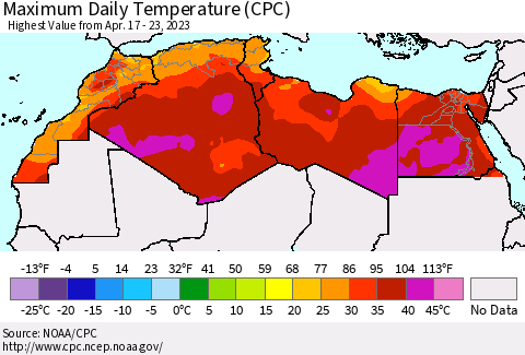 North Africa Maximum Daily Temperature (CPC) Thematic Map For 4/17/2023 - 4/23/2023