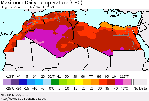 North Africa Maximum Daily Temperature (CPC) Thematic Map For 4/24/2023 - 4/30/2023