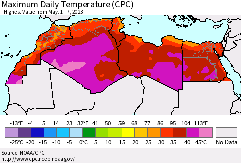 North Africa Maximum Daily Temperature (CPC) Thematic Map For 5/1/2023 - 5/7/2023