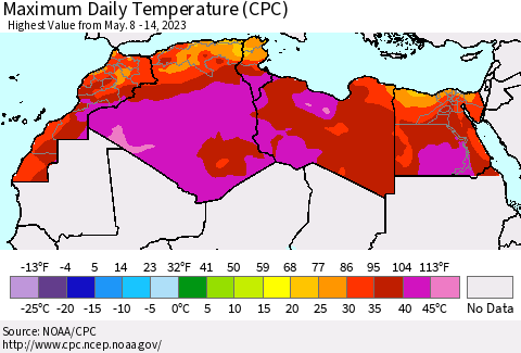 North Africa Maximum Daily Temperature (CPC) Thematic Map For 5/8/2023 - 5/14/2023
