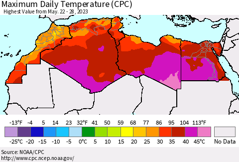 North Africa Maximum Daily Temperature (CPC) Thematic Map For 5/22/2023 - 5/28/2023