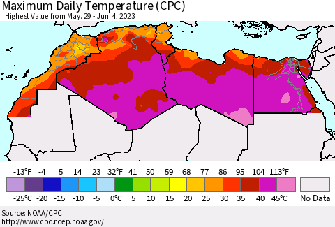 North Africa Maximum Daily Temperature (CPC) Thematic Map For 5/29/2023 - 6/4/2023