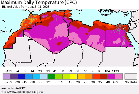 North Africa Maximum Daily Temperature (CPC) Thematic Map For 6/5/2023 - 6/11/2023