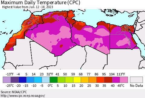 North Africa Maximum Daily Temperature (CPC) Thematic Map For 6/12/2023 - 6/18/2023