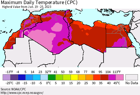 North Africa Maximum Daily Temperature (CPC) Thematic Map For 6/19/2023 - 6/25/2023