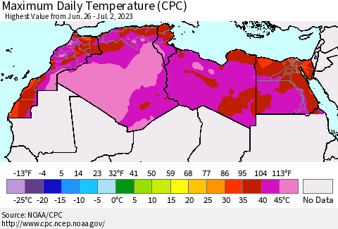 North Africa Maximum Daily Temperature (CPC) Thematic Map For 6/26/2023 - 7/2/2023