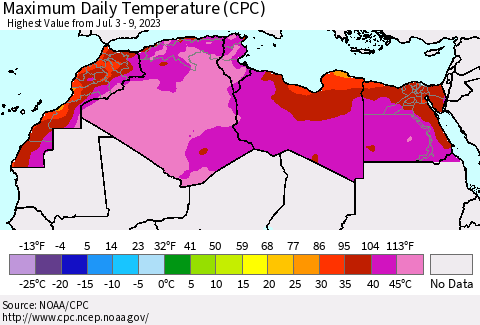North Africa Maximum Daily Temperature (CPC) Thematic Map For 7/3/2023 - 7/9/2023