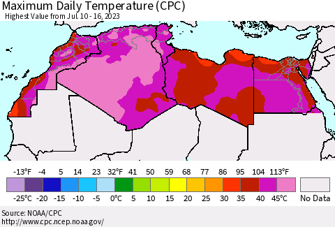 North Africa Maximum Daily Temperature (CPC) Thematic Map For 7/10/2023 - 7/16/2023