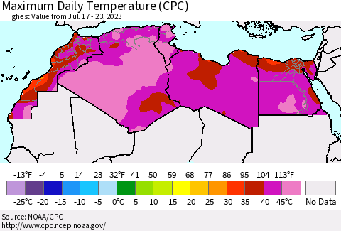 North Africa Maximum Daily Temperature (CPC) Thematic Map For 7/17/2023 - 7/23/2023