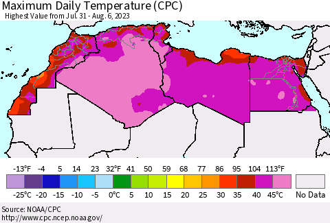North Africa Maximum Daily Temperature (CPC) Thematic Map For 7/31/2023 - 8/6/2023