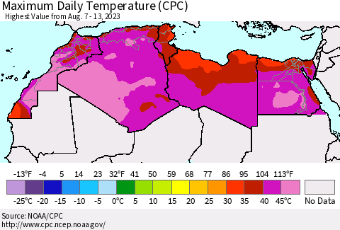 North Africa Maximum Daily Temperature (CPC) Thematic Map For 8/7/2023 - 8/13/2023