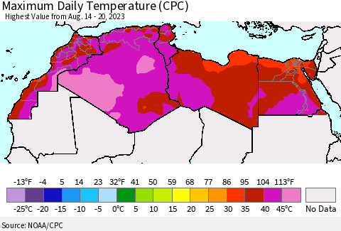 North Africa Maximum Daily Temperature (CPC) Thematic Map For 8/14/2023 - 8/20/2023