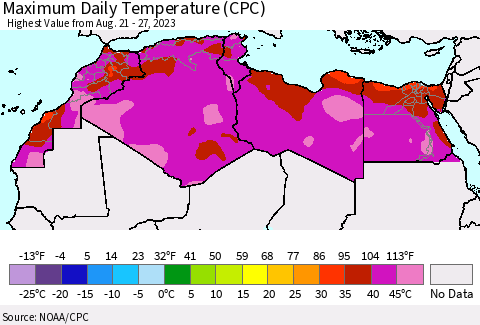 North Africa Maximum Daily Temperature (CPC) Thematic Map For 8/21/2023 - 8/27/2023
