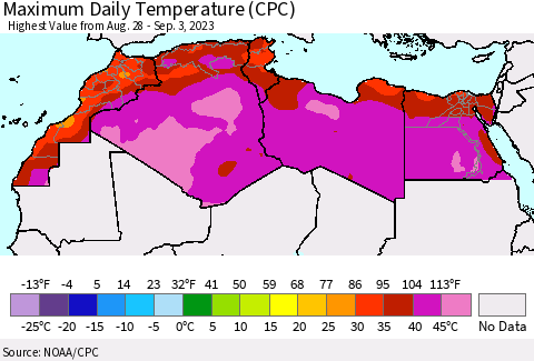 North Africa Maximum Daily Temperature (CPC) Thematic Map For 8/28/2023 - 9/3/2023