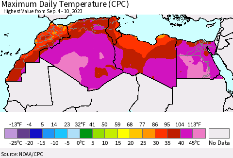 North Africa Maximum Daily Temperature (CPC) Thematic Map For 9/4/2023 - 9/10/2023