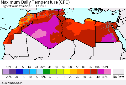 North Africa Maximum Daily Temperature (CPC) Thematic Map For 9/11/2023 - 9/17/2023