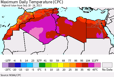 North Africa Maximum Daily Temperature (CPC) Thematic Map For 9/18/2023 - 9/24/2023