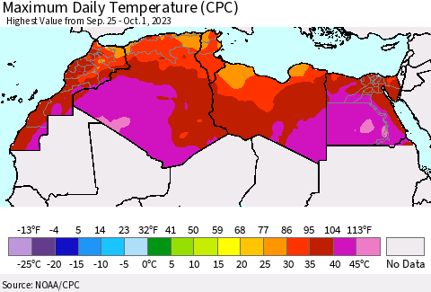 North Africa Maximum Daily Temperature (CPC) Thematic Map For 9/25/2023 - 10/1/2023