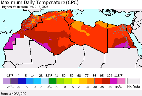 North Africa Maximum Daily Temperature (CPC) Thematic Map For 10/2/2023 - 10/8/2023