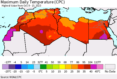 North Africa Maximum Daily Temperature (CPC) Thematic Map For 10/9/2023 - 10/15/2023