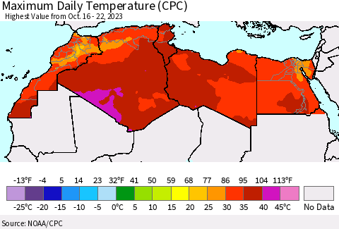 North Africa Maximum Daily Temperature (CPC) Thematic Map For 10/16/2023 - 10/22/2023