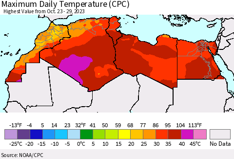 North Africa Maximum Daily Temperature (CPC) Thematic Map For 10/23/2023 - 10/29/2023