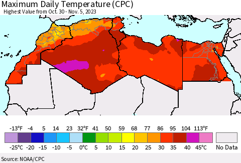 North Africa Maximum Daily Temperature (CPC) Thematic Map For 10/30/2023 - 11/5/2023