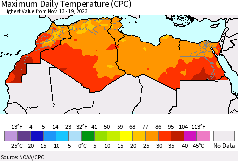 North Africa Maximum Daily Temperature (CPC) Thematic Map For 11/13/2023 - 11/19/2023