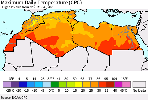 North Africa Maximum Daily Temperature (CPC) Thematic Map For 11/20/2023 - 11/26/2023