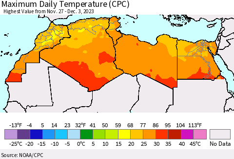 North Africa Maximum Daily Temperature (CPC) Thematic Map For 11/27/2023 - 12/3/2023