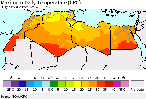 North Africa Maximum Daily Temperature (CPC) Thematic Map For 12/4/2023 - 12/10/2023
