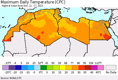 North Africa Maximum Daily Temperature (CPC) Thematic Map For 12/11/2023 - 12/17/2023