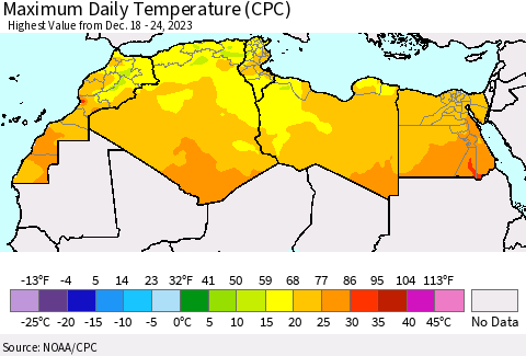 North Africa Maximum Daily Temperature (CPC) Thematic Map For 12/18/2023 - 12/24/2023