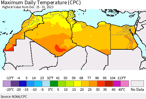 North Africa Maximum Daily Temperature (CPC) Thematic Map For 12/25/2023 - 12/31/2023