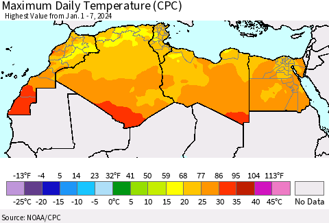 North Africa Maximum Daily Temperature (CPC) Thematic Map For 1/1/2024 - 1/7/2024