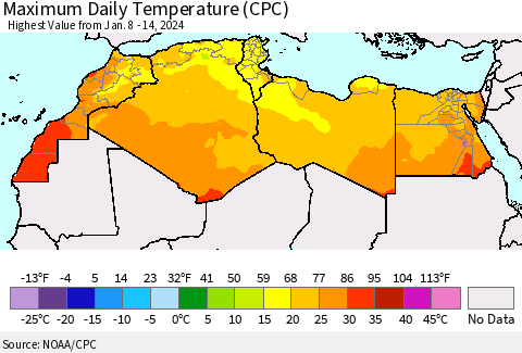 North Africa Maximum Daily Temperature (CPC) Thematic Map For 1/8/2024 - 1/14/2024